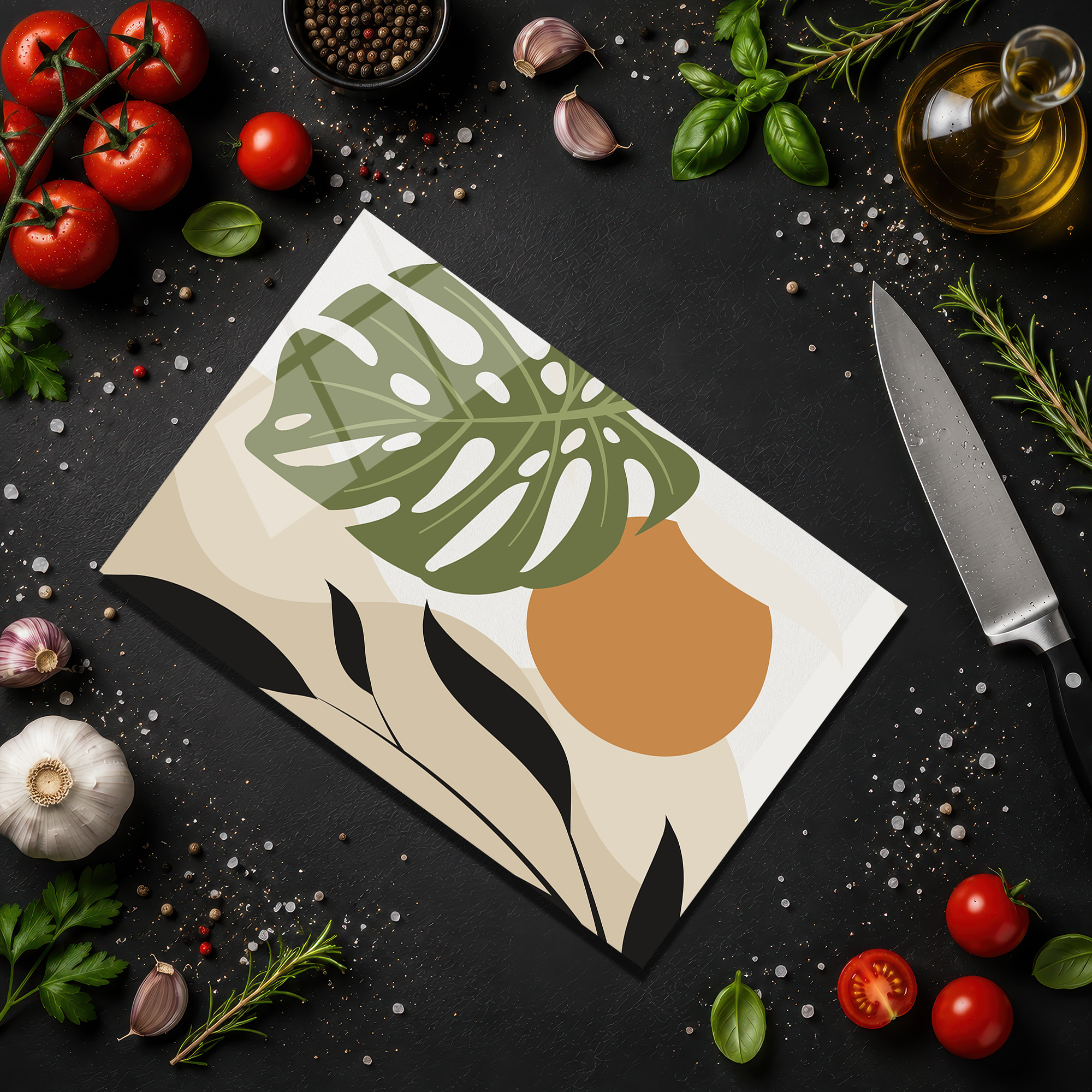 Monstera Desenli Estetik Cam Kesme Tahtası ve Servis Panosu - Glazella Monstera Desenli Estetik Cam Kesme Tahtası ve Servis Panosu - Glazella