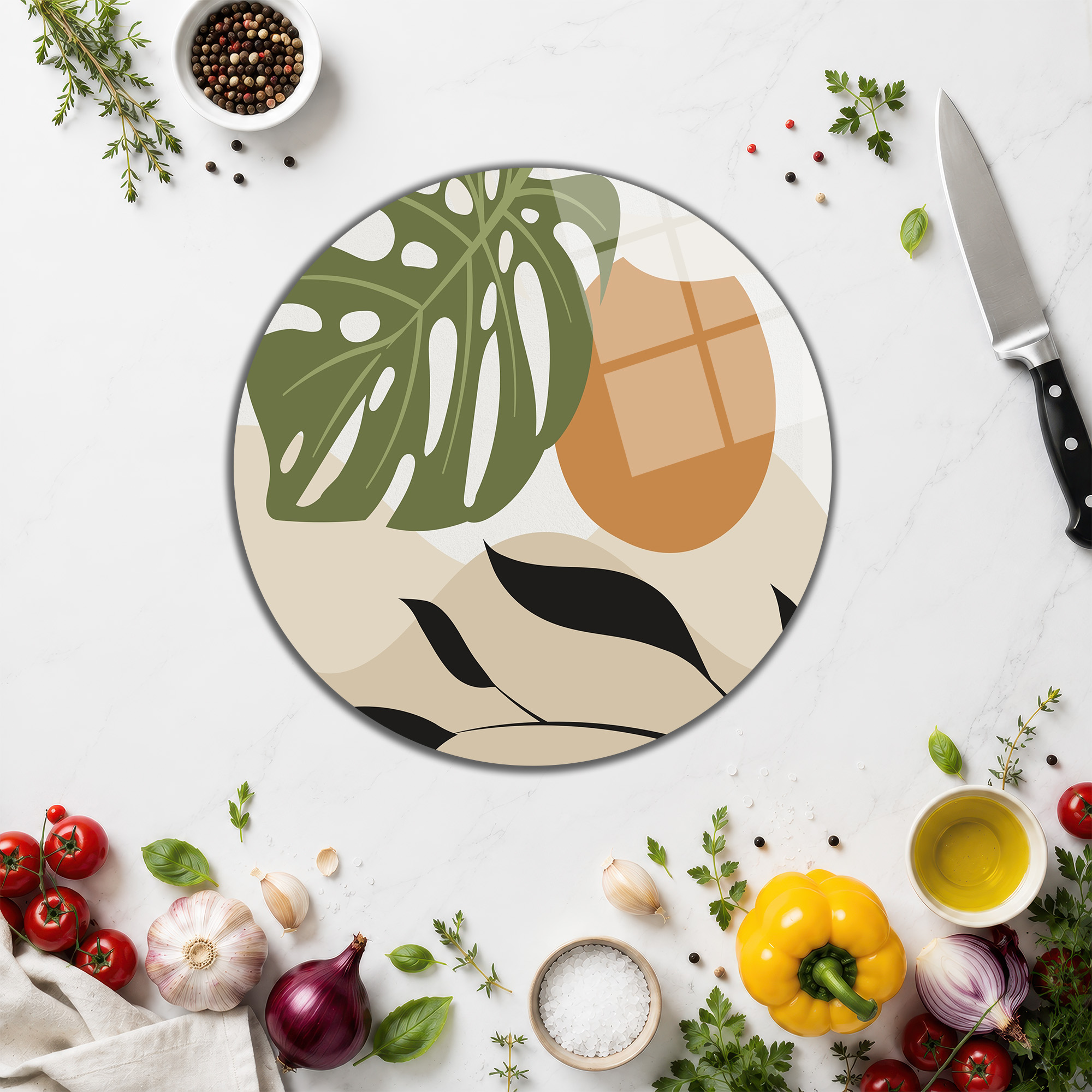 Monstera Desenli Estetik Cam Kesme Tahtası ve Servis Panosu - Glazella Monstera Desenli Estetik Cam Kesme Tahtası ve Servis Panosu - Glazella