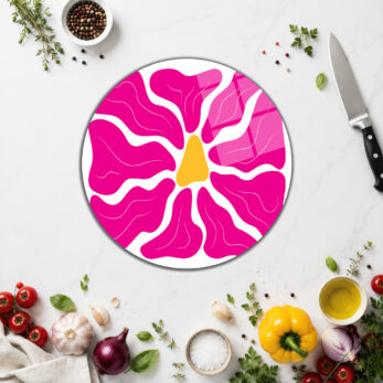 Canlı Pembe Çiçek Desenli Temperli Cam Kesme Tahtası - Glazella