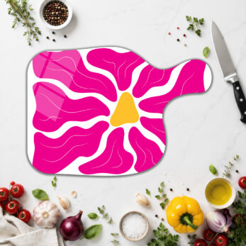 Canlı Pembe Çiçek Desenli Temperli Cam Kesme Tahtası - Glazella