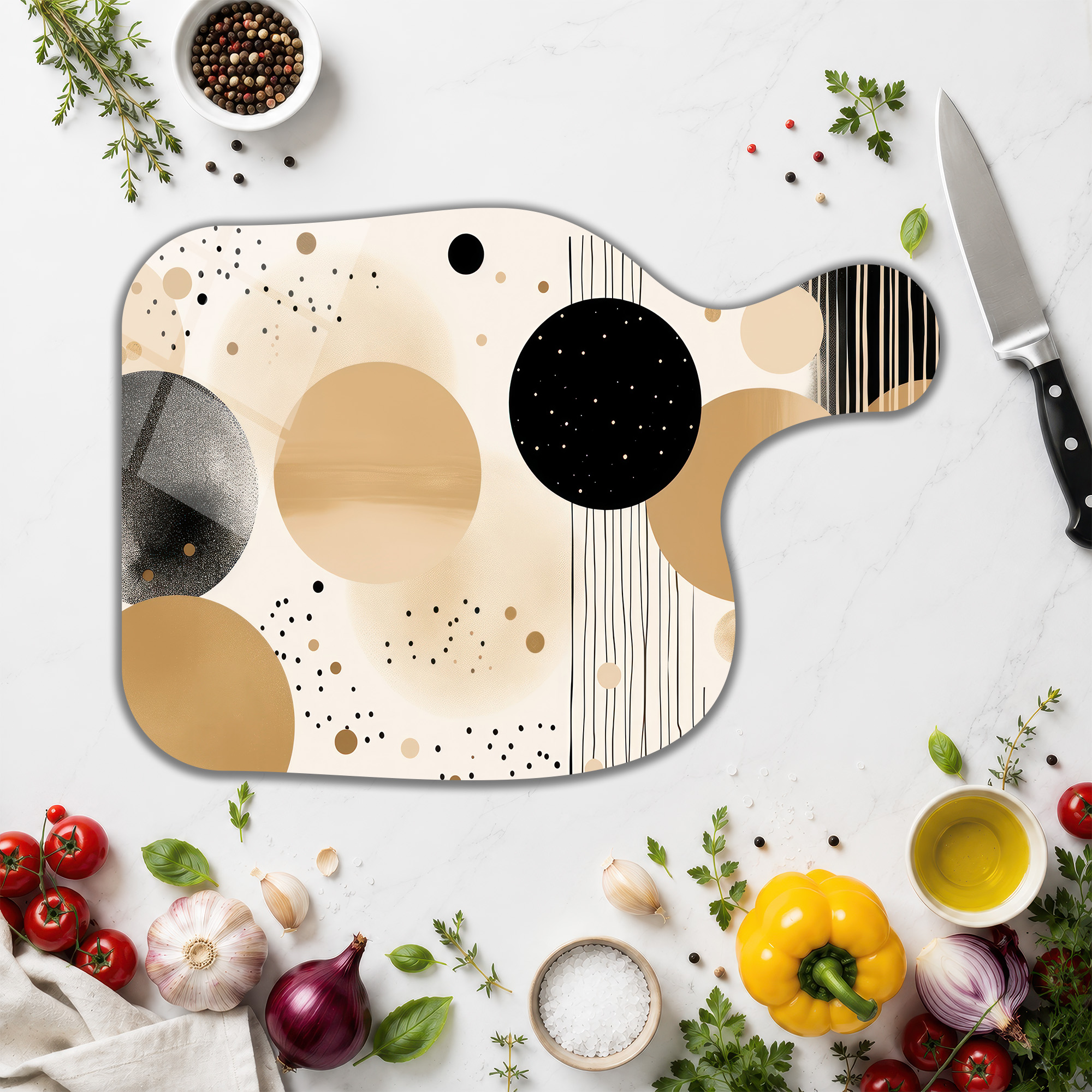 Modern Çemberler Desenli Yuvarlak Cam Kesme Tahtası - Glazella Modern Çemberler Desenli Yuvarlak Cam Kesme Tahtası - Glazella
