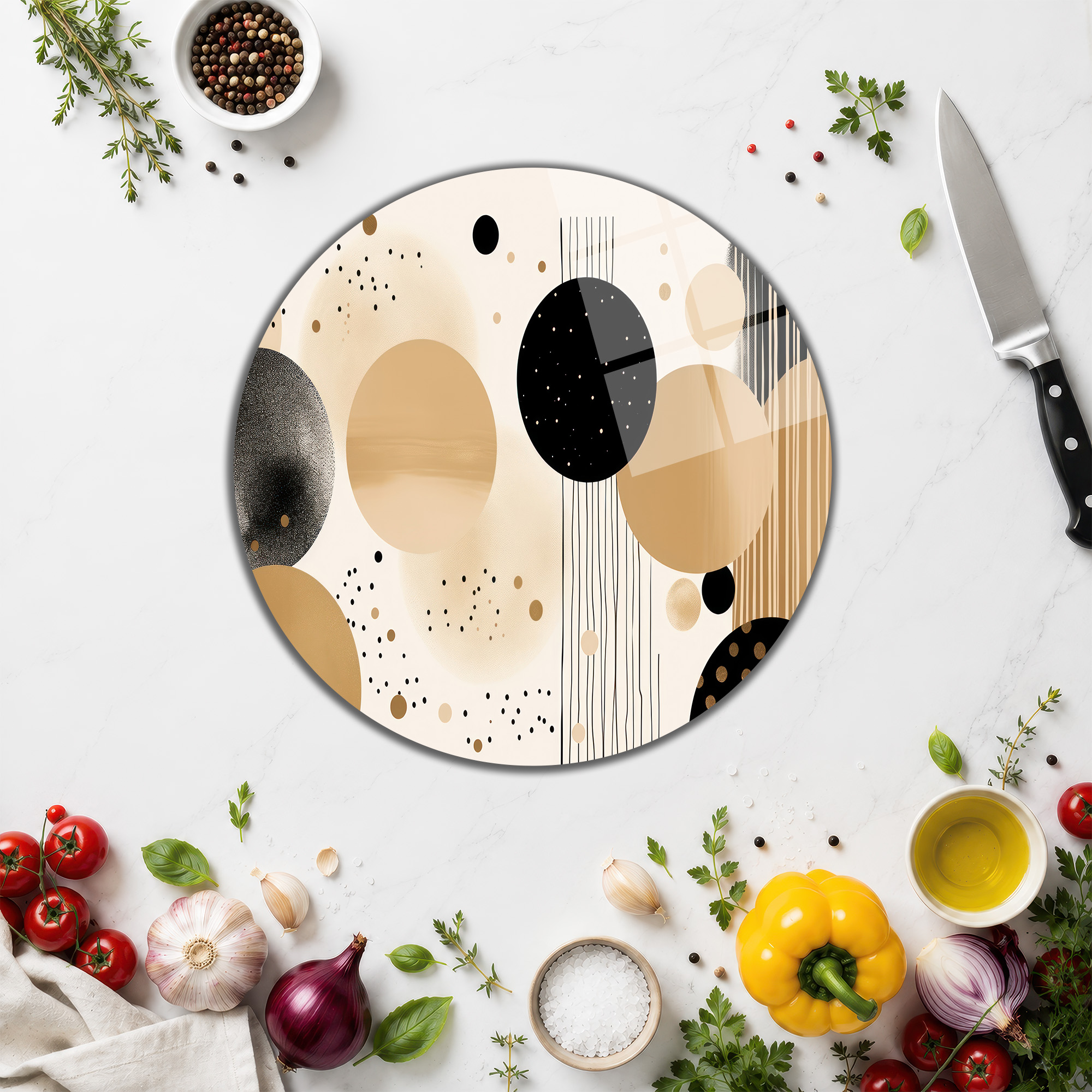 Modern Çemberler Desenli Yuvarlak Cam Kesme Tahtası - Glazella Modern Çemberler Desenli Yuvarlak Cam Kesme Tahtası - Glazella