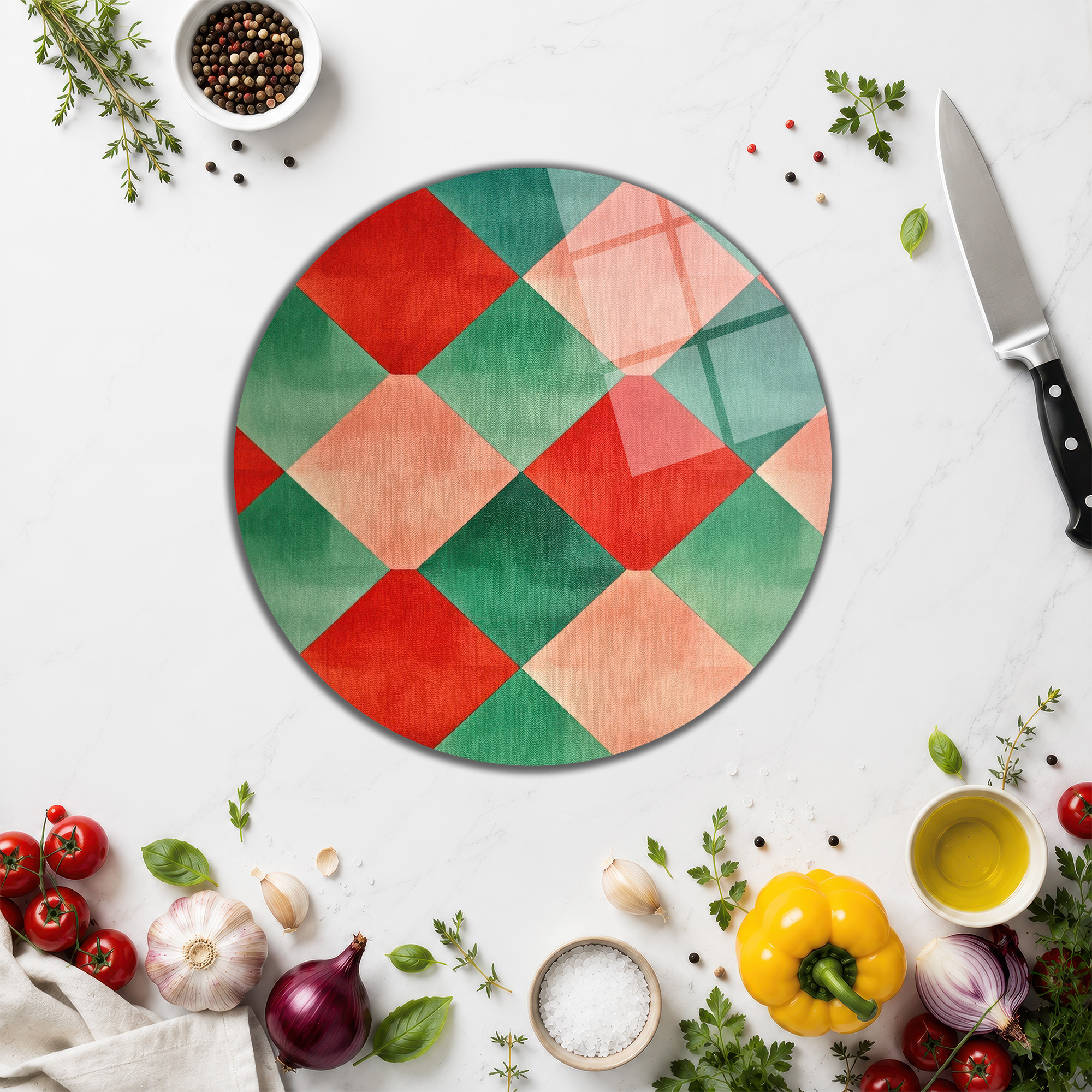 Canlı Geometrik Desenli Glazella Yuvarlak Cam Kesme Tahtası - Glazella Canlı Geometrik Desenli Glazella Yuvarlak Cam Kesme Tahtası - Glazella
