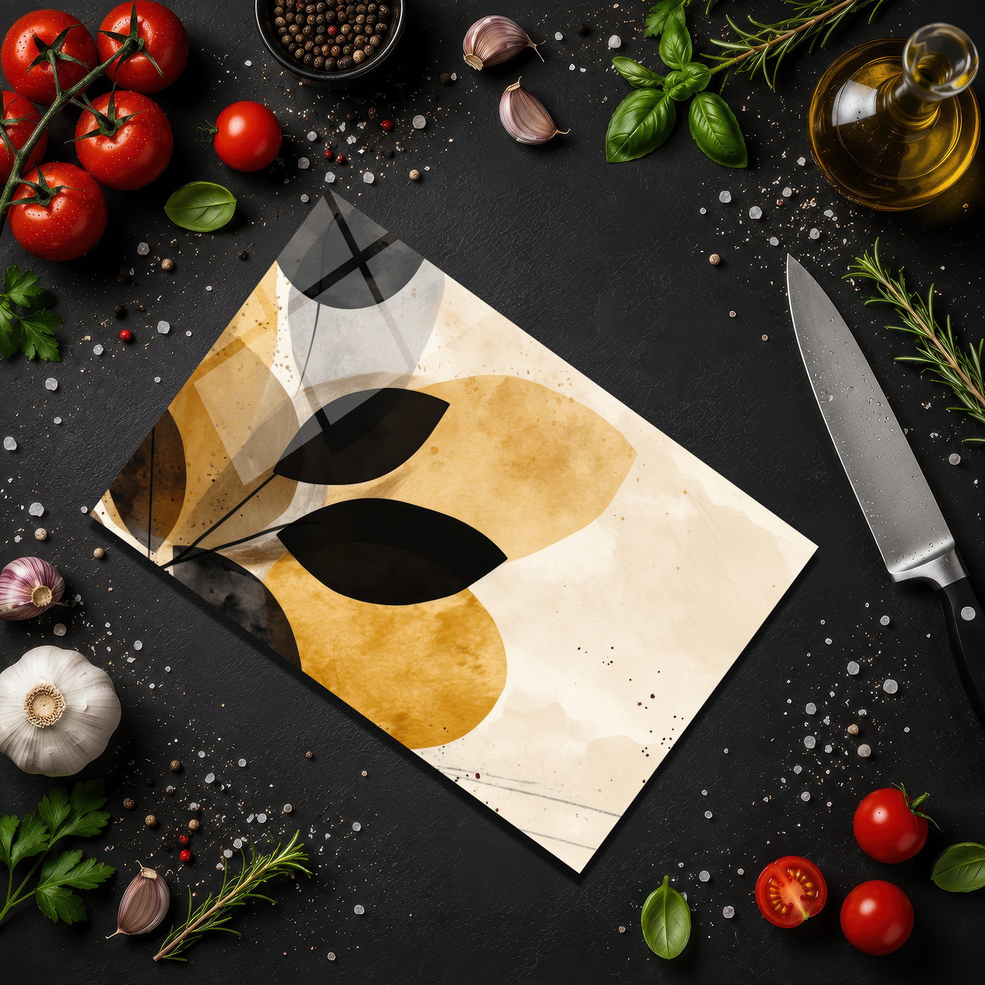 Modern Yaprak Desenli Dekoratif Yuvarlak Cam Kesme Tahtası - Glazella Modern Yaprak Desenli Dekoratif Yuvarlak Cam Kesme Tahtası - Glazella