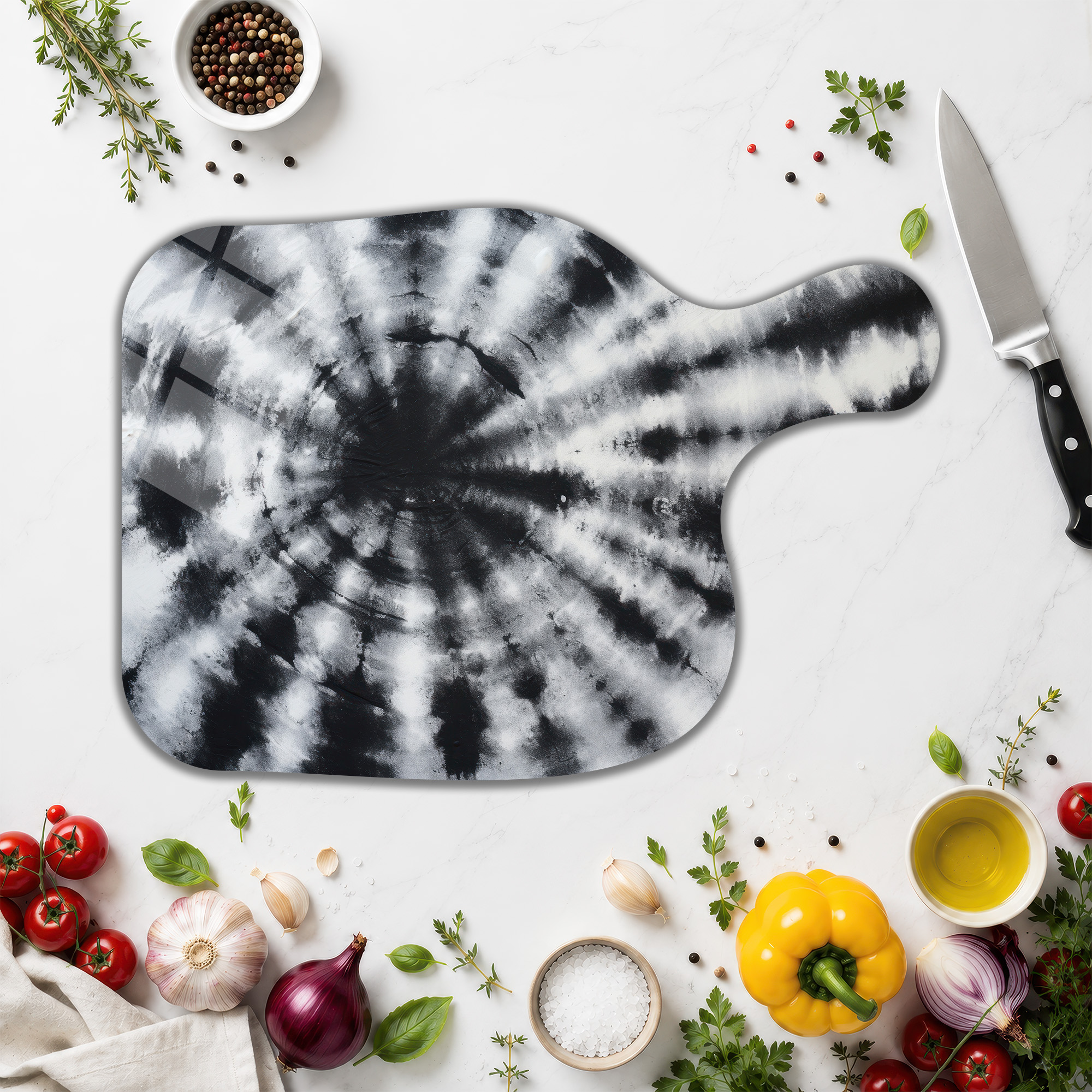 Siyah Beyaz Spiral Desenli Şık Cam Kesme Tahtası - Glazella Siyah Beyaz Spiral Desenli Şık Cam Kesme Tahtası - Glazella