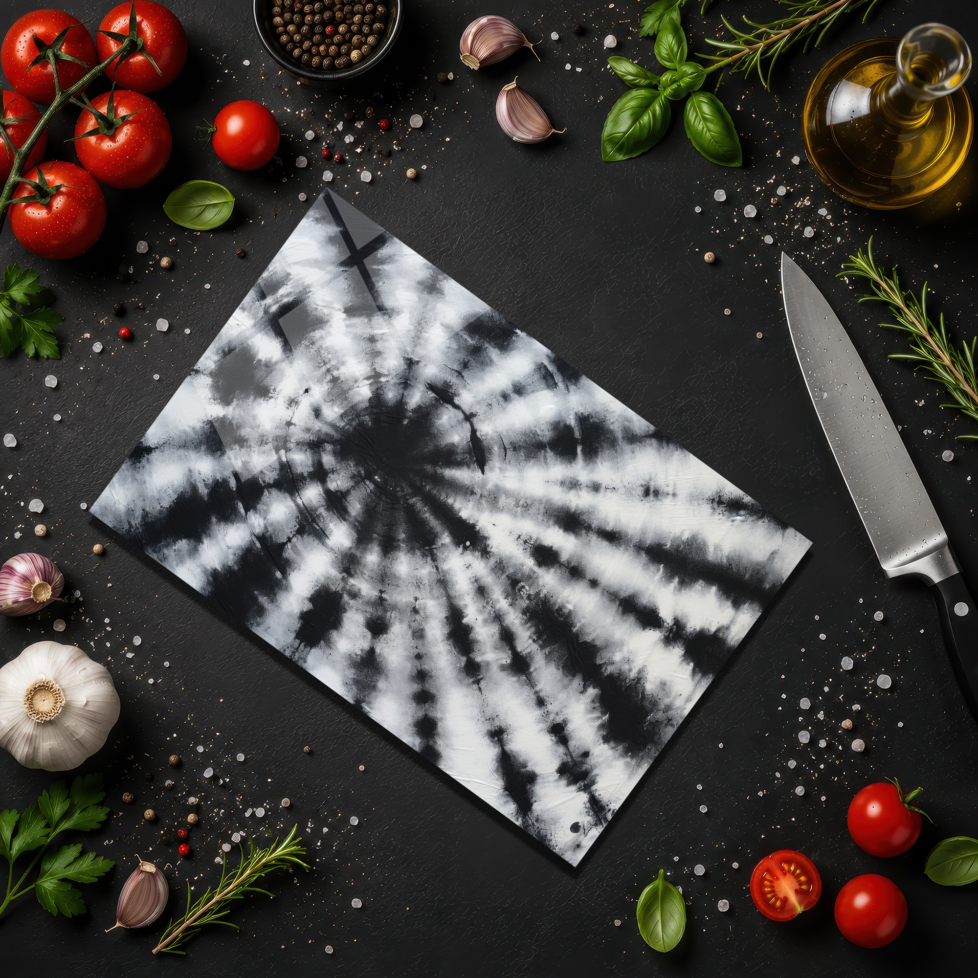 Siyah Beyaz Spiral Desenli Şık Cam Kesme Tahtası - Glazella Siyah Beyaz Spiral Desenli Şık Cam Kesme Tahtası - Glazella