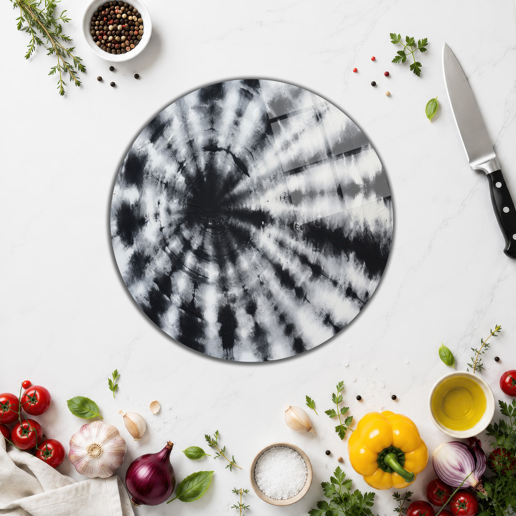 Siyah Beyaz Spiral Desenli Şık Cam Kesme Tahtası - Glazella Siyah Beyaz Spiral Desenli Şık Cam Kesme Tahtası - Glazella