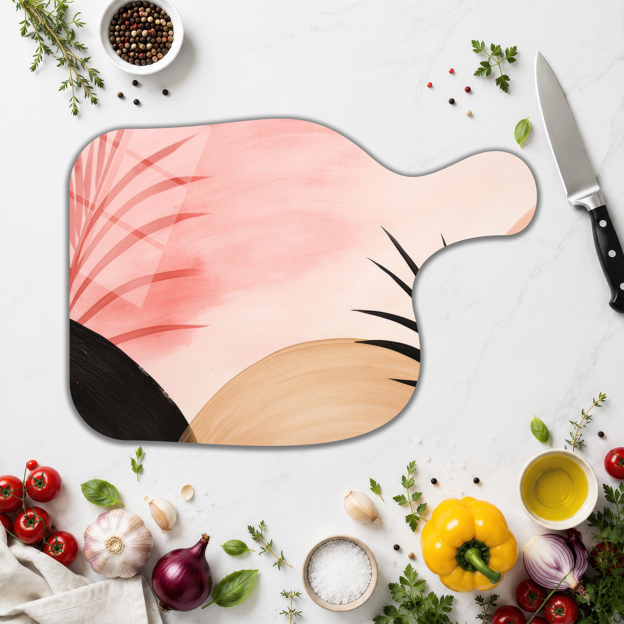 Sanatsal Soyut Tasarımlı Yuvarlak Cam Kesme Tahtası – Şeftali Pembe - Glazella Sanatsal Soyut Tasarımlı Yuvarlak Cam Kesme Tahtası – Şeftali Pembe - Glazella
