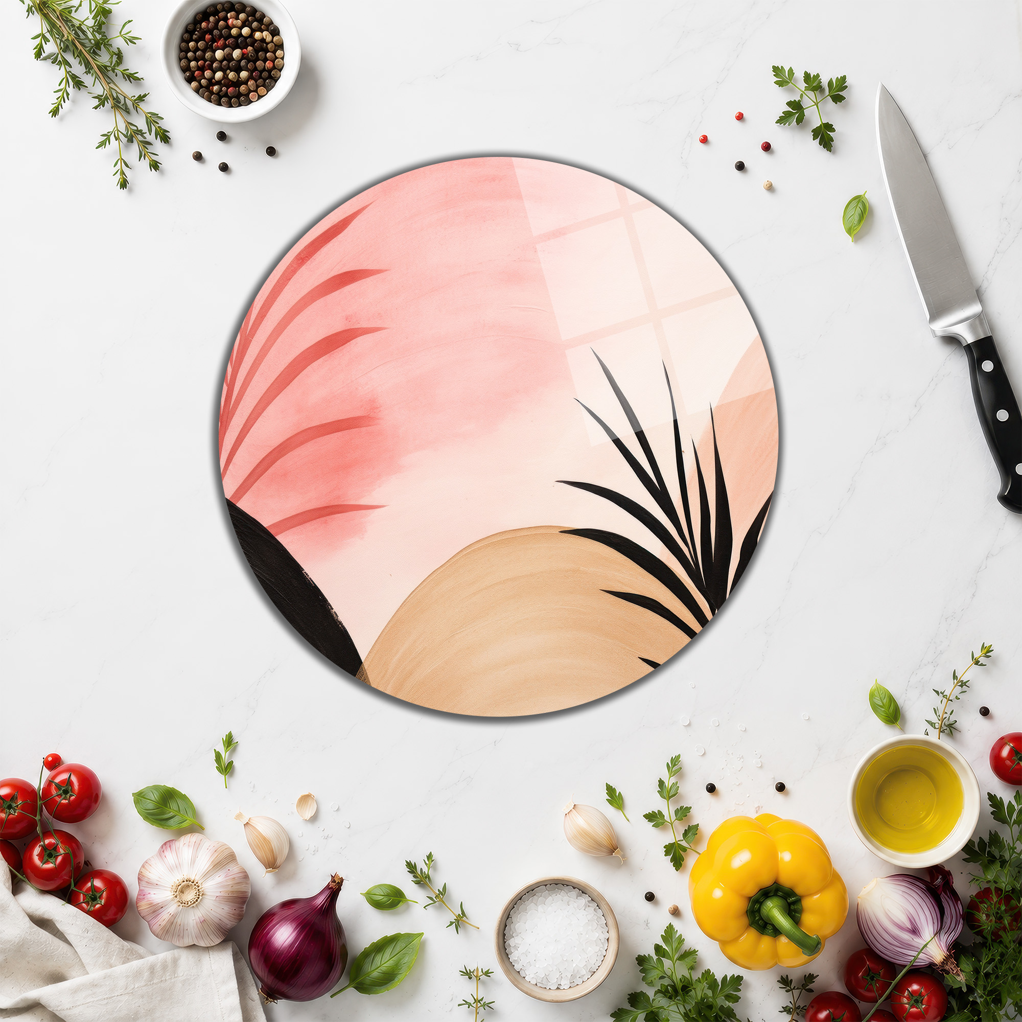 Sanatsal Soyut Tasarımlı Yuvarlak Cam Kesme Tahtası – Şeftali Pembe - Glazella Sanatsal Soyut Tasarımlı Yuvarlak Cam Kesme Tahtası – Şeftali Pembe - Glazella