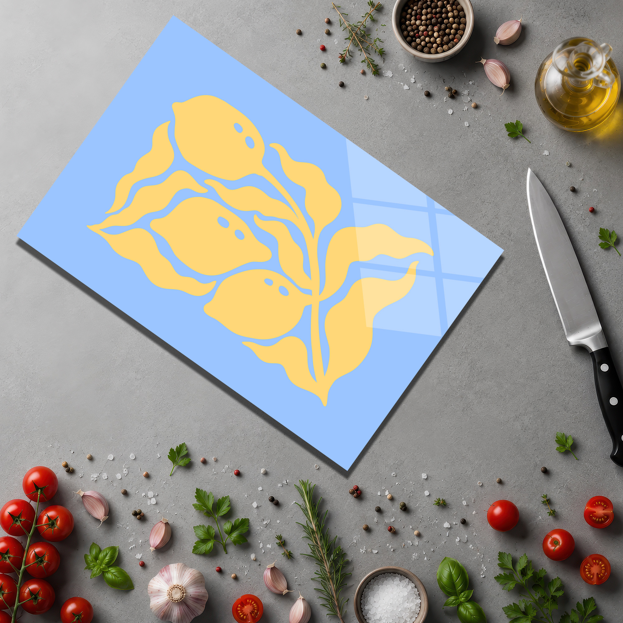 Şık Limon Desenli Mavi Temperli Cam Kesme Tahtası - Glazella Şık Limon Desenli Mavi Temperli Cam Kesme Tahtası - Glazella