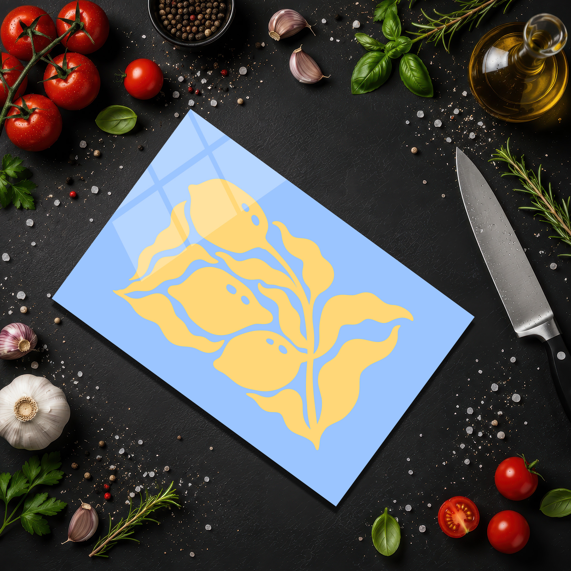 Şık Limon Desenli Mavi Temperli Cam Kesme Tahtası - Glazella Şık Limon Desenli Mavi Temperli Cam Kesme Tahtası - Glazella