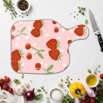 Çilek ve Kiraz Desenli Pembe Cam Kesme Tahtası - Glazella