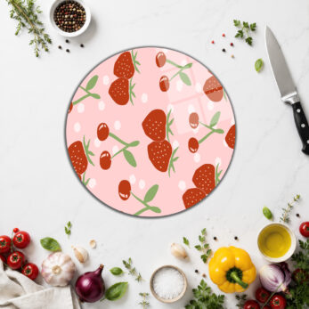 Çilek ve Kiraz Desenli Pembe Cam Kesme Tahtası - Glazella
