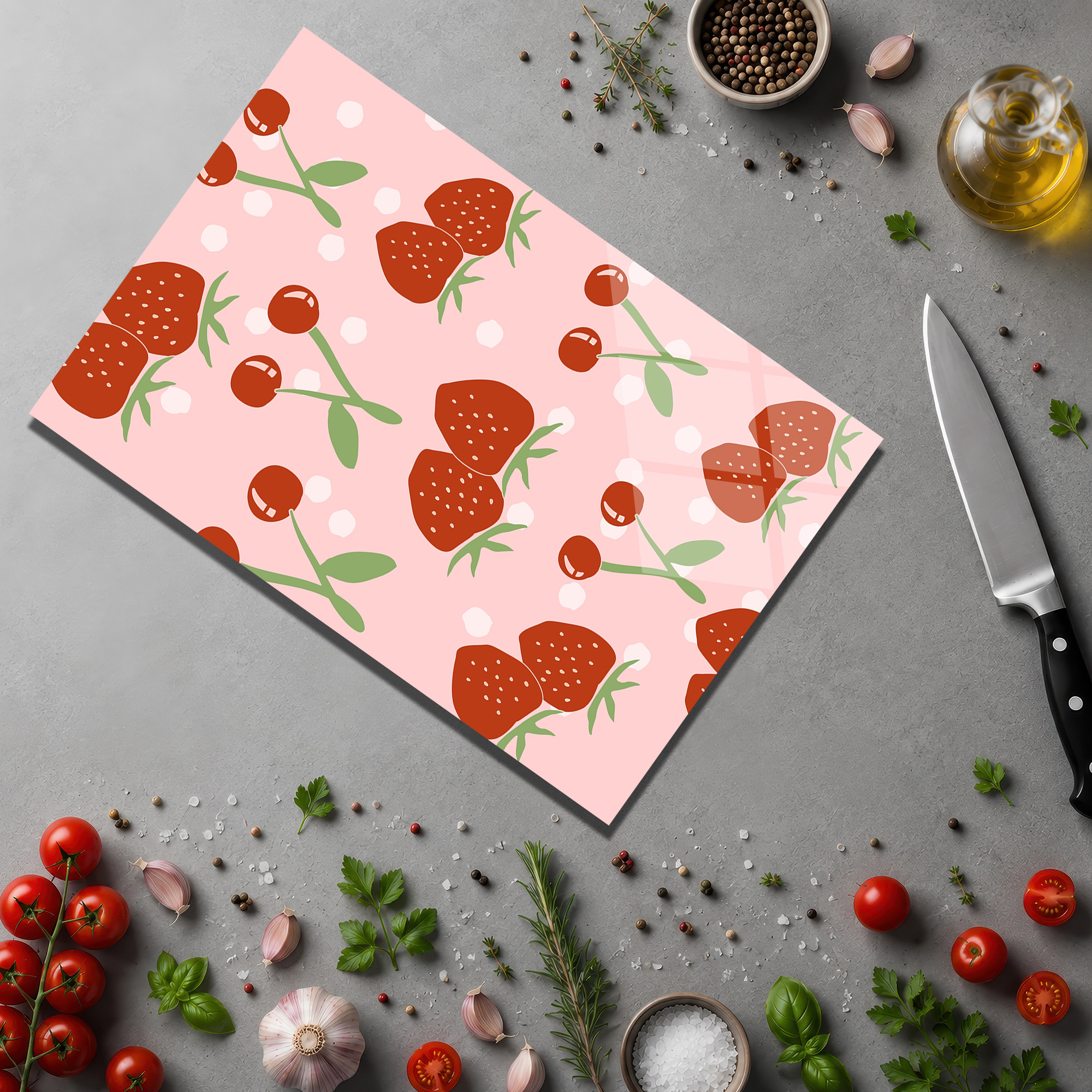 Çilek ve Kiraz Desenli Pembe Cam Kesme Tahtası - Glazella Çilek ve Kiraz Desenli Pembe Cam Kesme Tahtası - Glazella