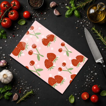Çilek ve Kiraz Desenli Pembe Cam Kesme Tahtası - Glazella Çilek ve Kiraz Desenli Pembe Cam Kesme Tahtası - Glazella