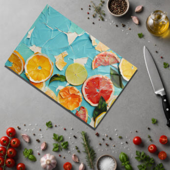 Vibrant Narenciye Sanatlı Yuvarlak Cam Kesme Tahtası - Glazella