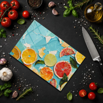 Vibrant Narenciye Sanatlı Yuvarlak Cam Kesme Tahtası - Glazella