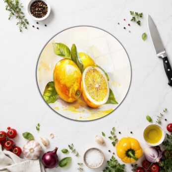 Canlı Limon Desenli Yuvarlak Cam Kesme Tahtası - Glazella