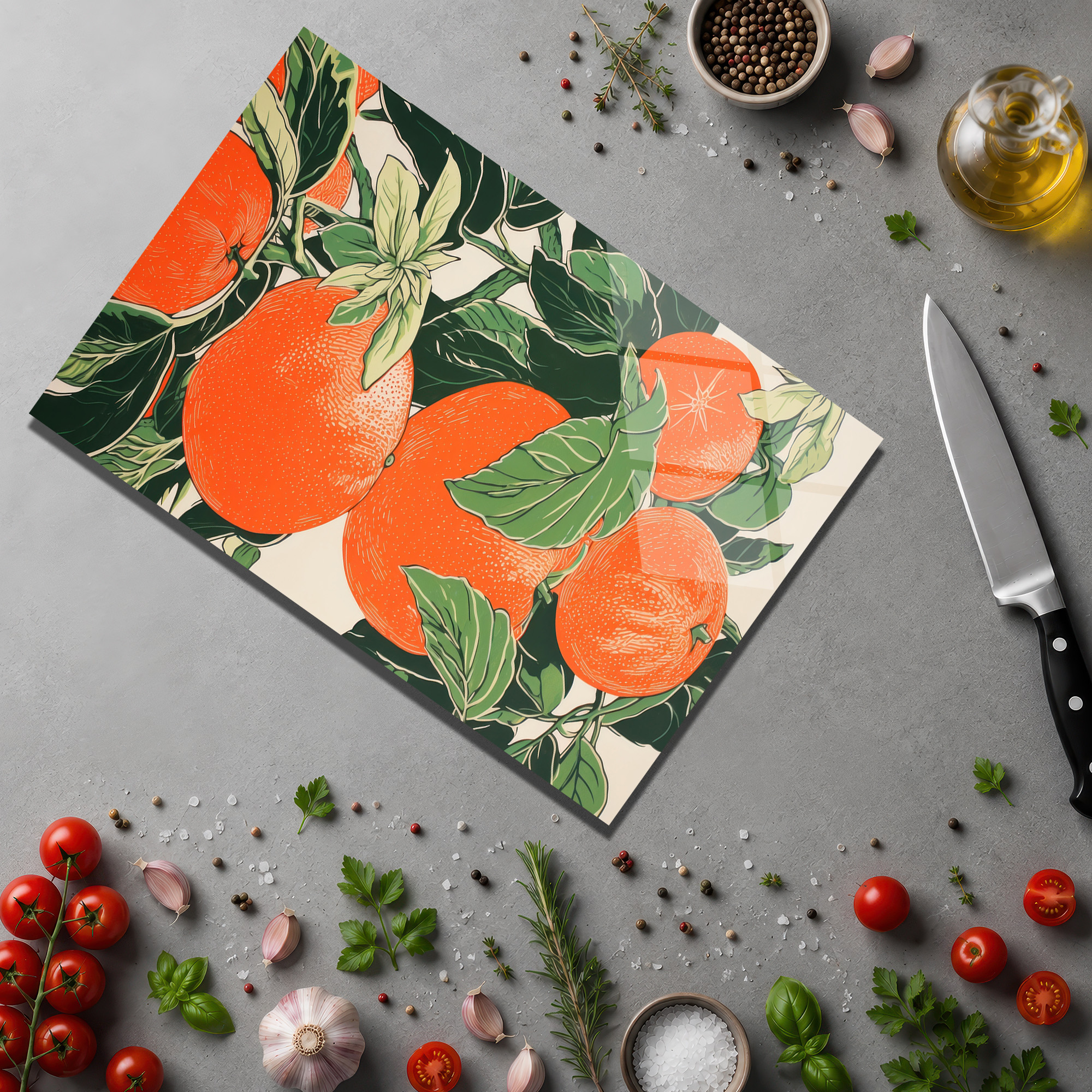 Canlı Portakal Desenli Yuvarlak Cam Kesme Tahtası - Glazella Canlı Portakal Desenli Yuvarlak Cam Kesme Tahtası - Glazella