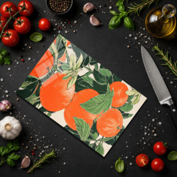 Canlı Portakal Desenli Yuvarlak Cam Kesme Tahtası - Glazella Canlı Portakal Desenli Yuvarlak Cam Kesme Tahtası - Glazella