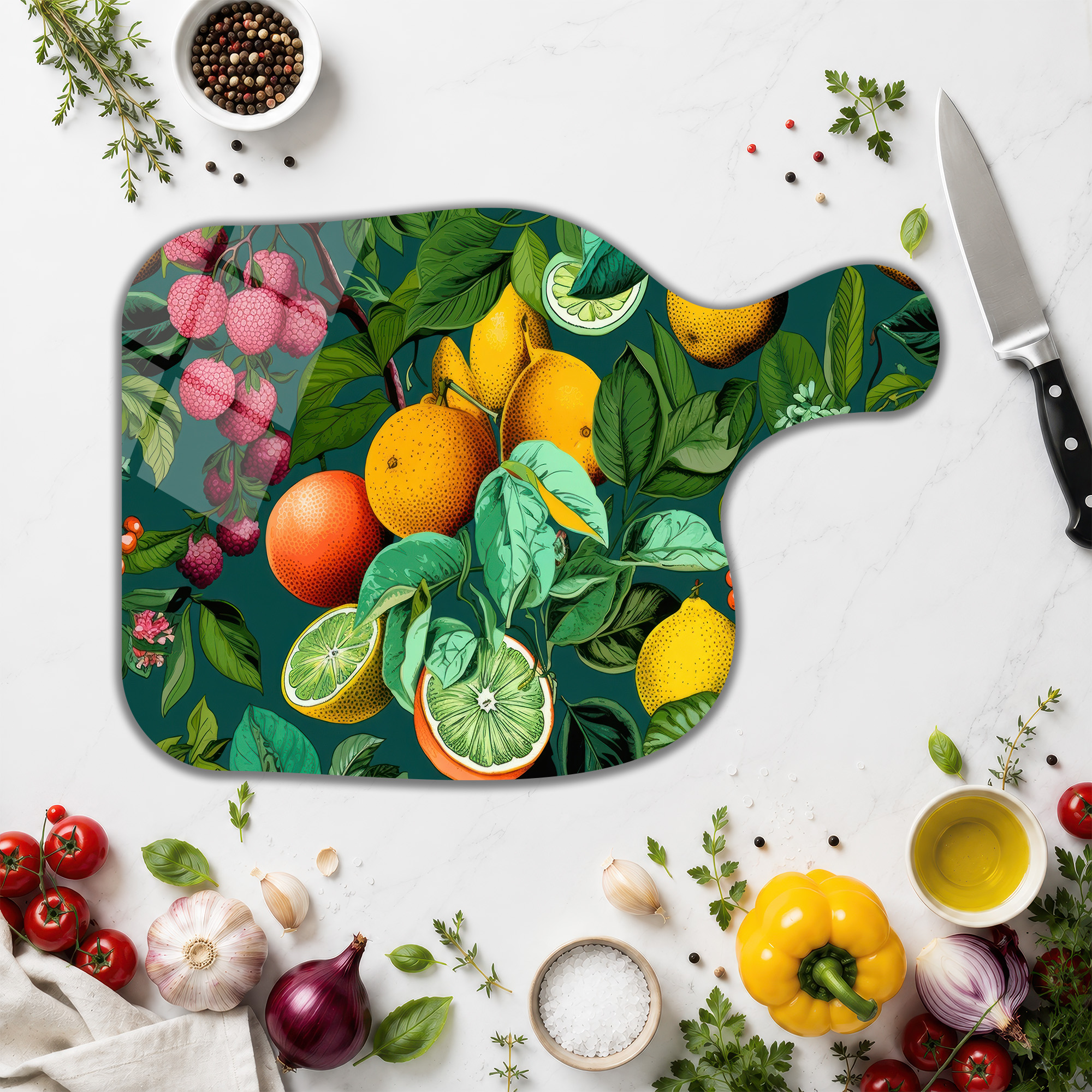 Vibrant Tropik Desenli Temperli Cam Kesme Tahtası - Glazella Vibrant Tropik Desenli Temperli Cam Kesme Tahtası - Glazella