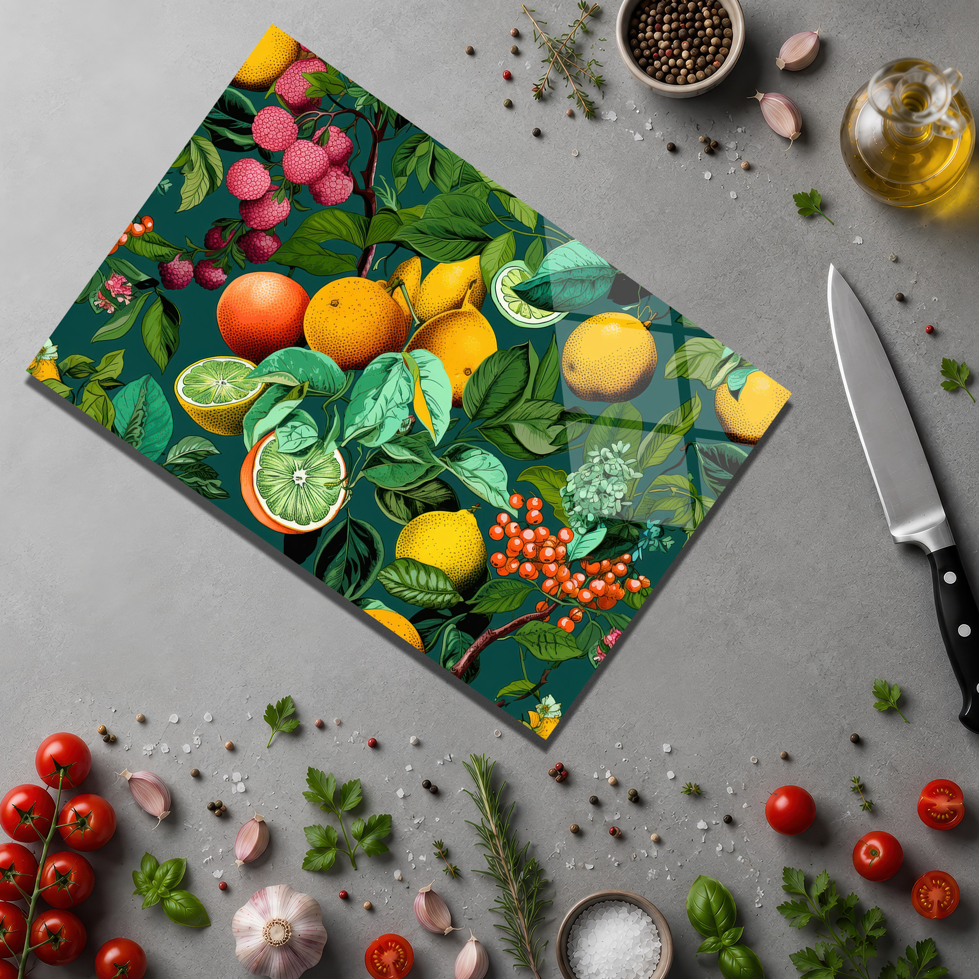 Vibrant Tropik Desenli Temperli Cam Kesme Tahtası - Glazella Vibrant Tropik Desenli Temperli Cam Kesme Tahtası - Glazella