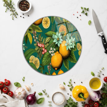 Limon ve Çiçek Desenli Dekoratif Cam Kesme Tahtası - Glazella
