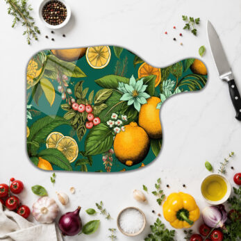 Limon ve Çiçek Desenli Dekoratif Cam Kesme Tahtası - Glazella