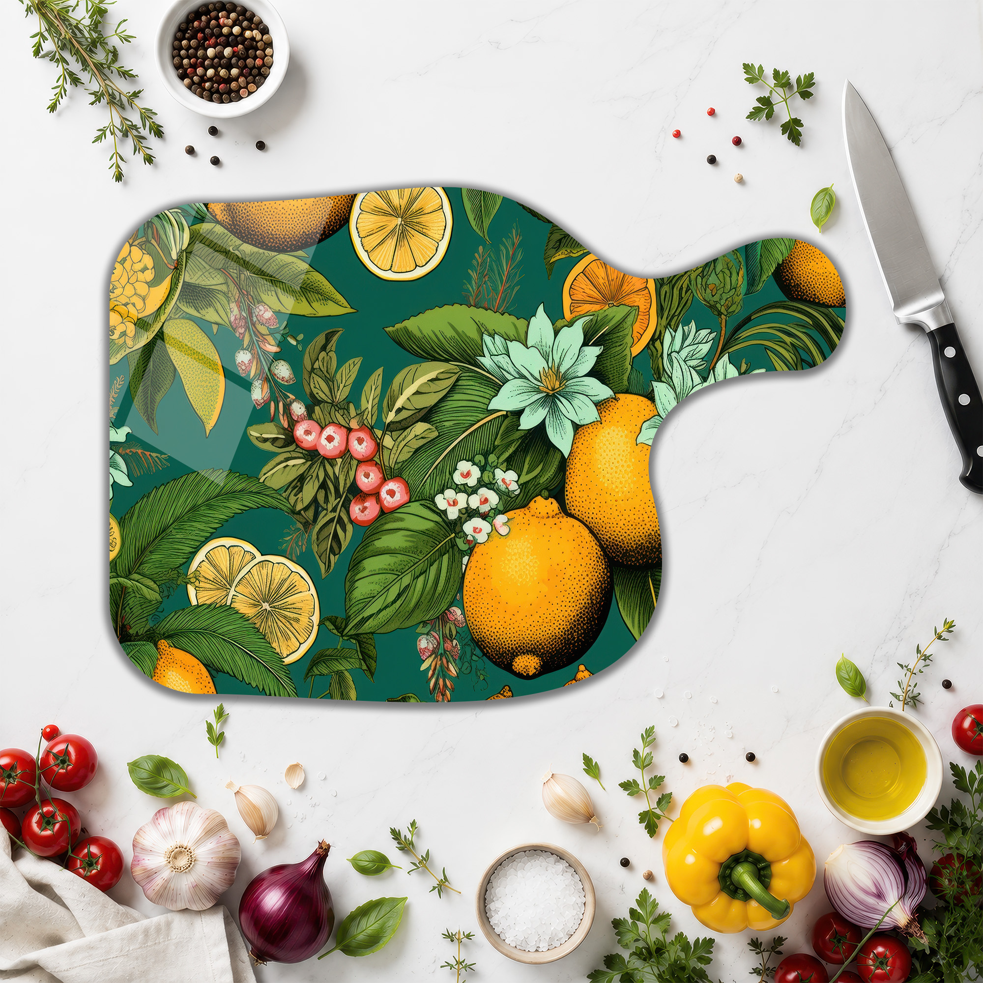 Limon ve Çiçek Desenli Dekoratif Cam Kesme Tahtası - Glazella Limon ve Çiçek Desenli Dekoratif Cam Kesme Tahtası - Glazella