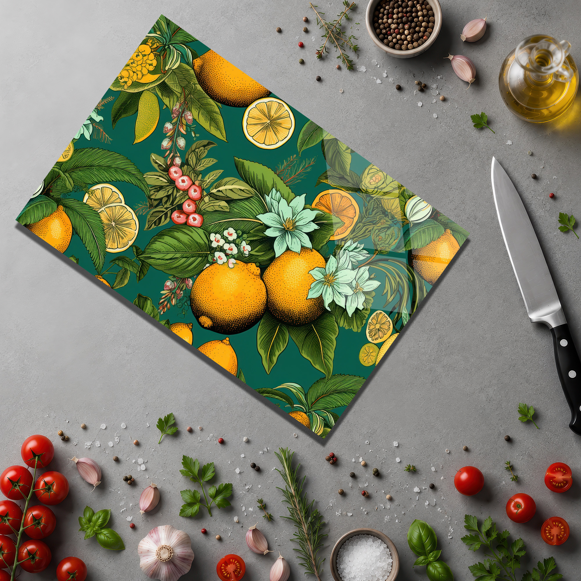 Limon ve Çiçek Desenli Dekoratif Cam Kesme Tahtası - Glazella Limon ve Çiçek Desenli Dekoratif Cam Kesme Tahtası - Glazella