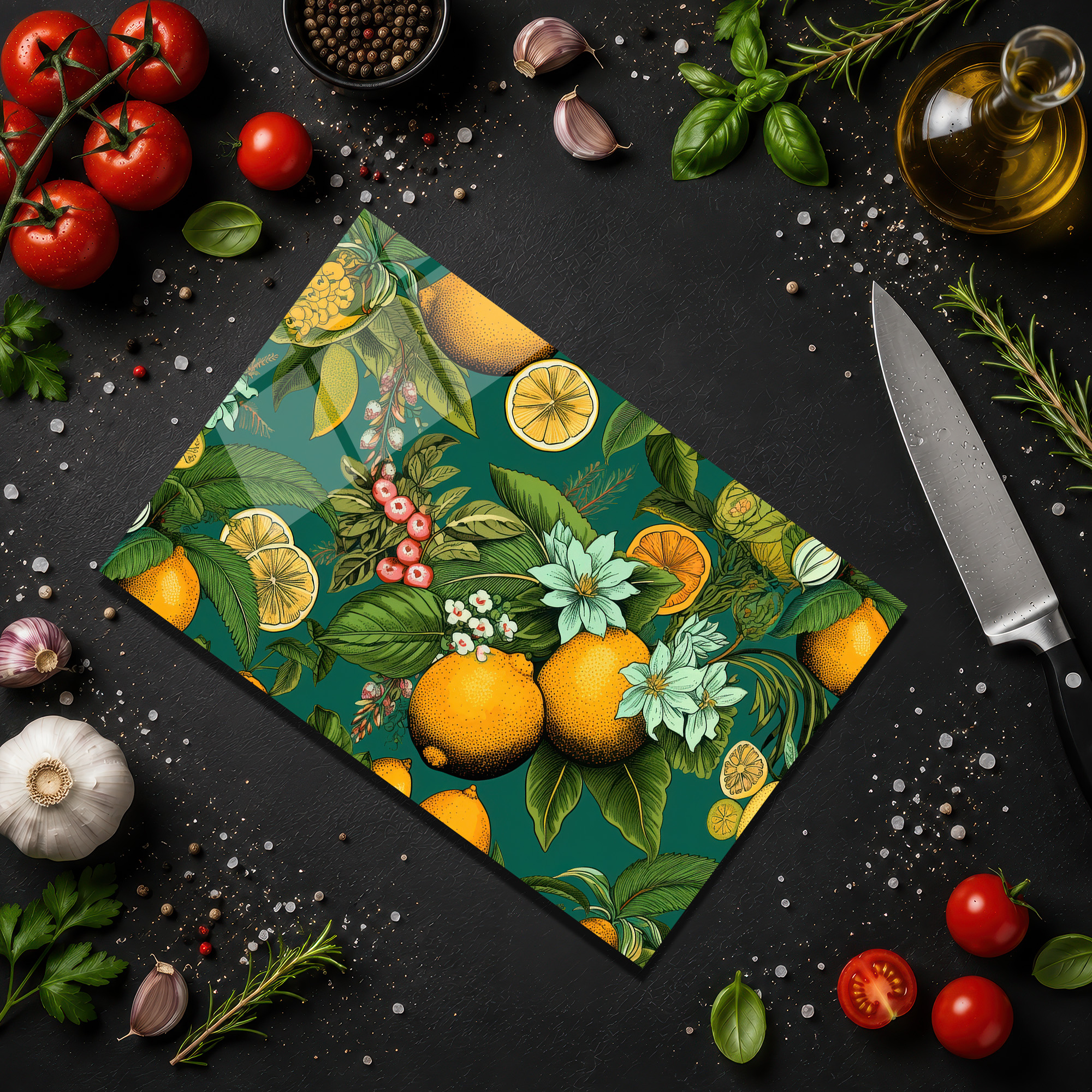 Limon ve Çiçek Desenli Dekoratif Cam Kesme Tahtası - Glazella Limon ve Çiçek Desenli Dekoratif Cam Kesme Tahtası - Glazella