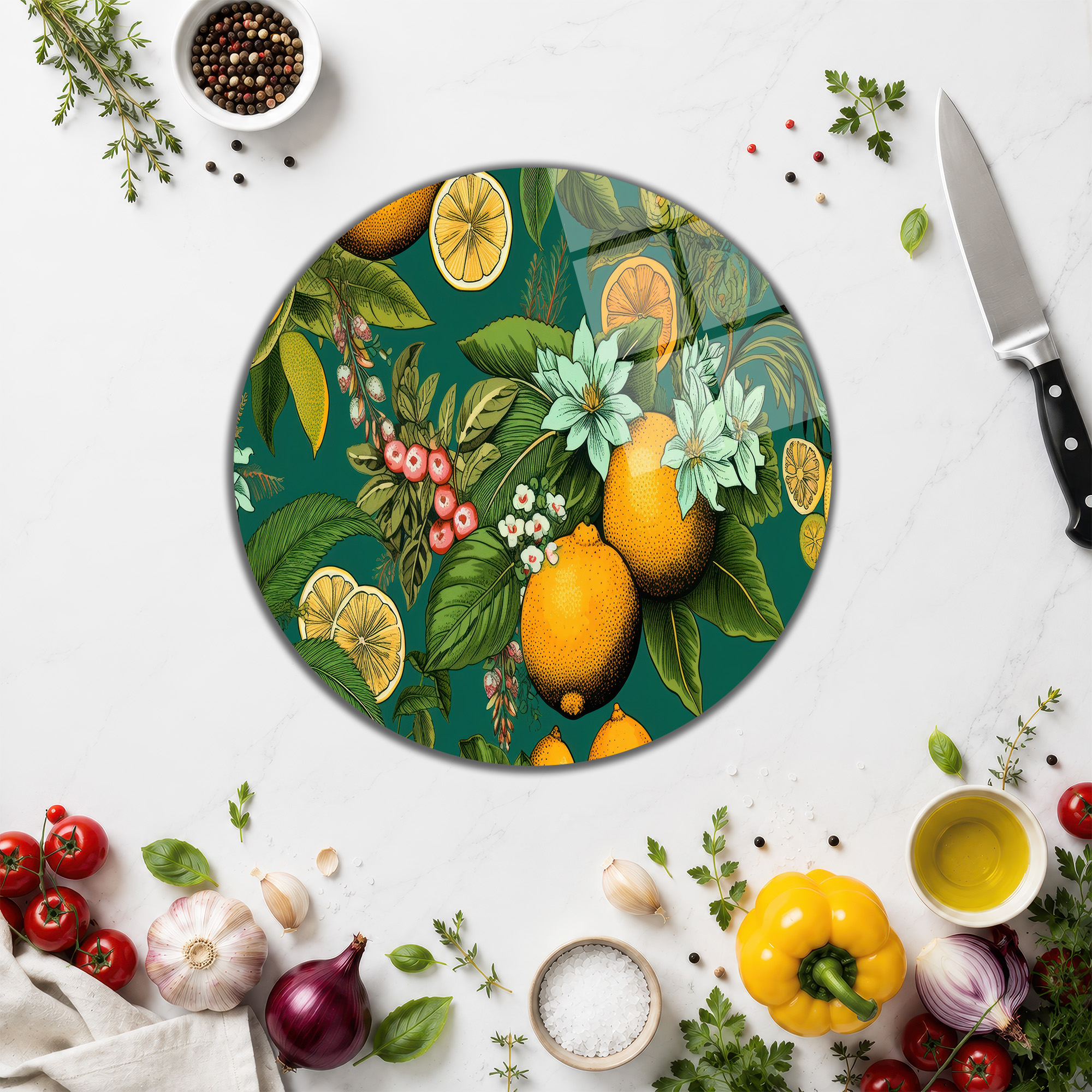 Limon ve Çiçek Desenli Dekoratif Cam Kesme Tahtası - Glazella Limon ve Çiçek Desenli Dekoratif Cam Kesme Tahtası - Glazella