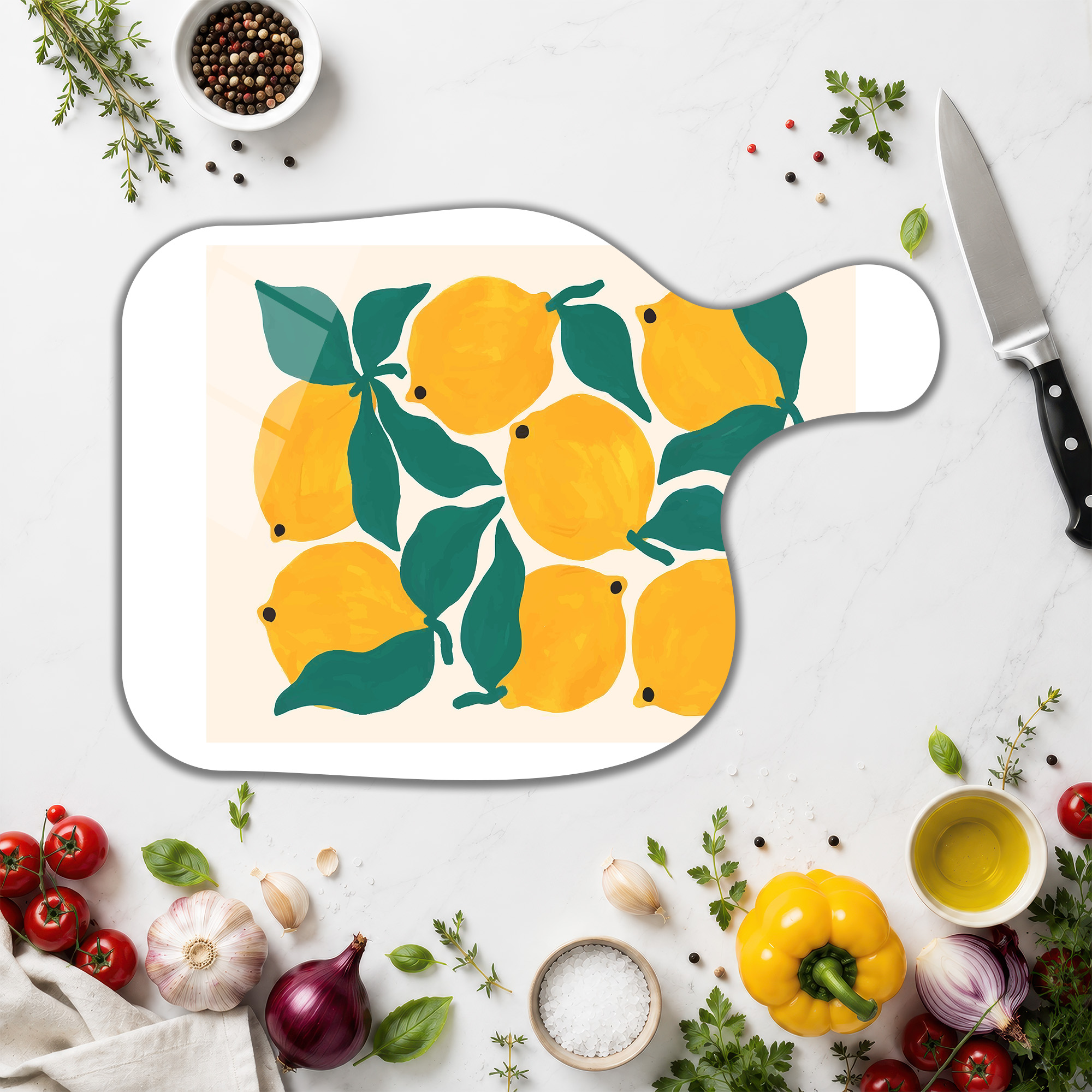 Modern Limon Desenli Yuvarlak Cam Kesme Tahtası - Glazella Modern Limon Desenli Yuvarlak Cam Kesme Tahtası - Glazella