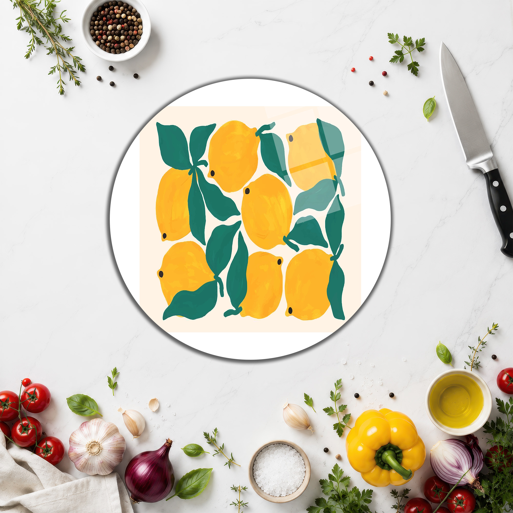 Modern Limon Desenli Yuvarlak Cam Kesme Tahtası - Glazella Modern Limon Desenli Yuvarlak Cam Kesme Tahtası - Glazella