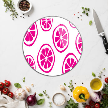 Canlı Pembe Narenciye Desenli Yuvarlak Cam Kesme Tahtası - Glazella