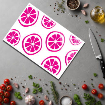 Canlı Pembe Narenciye Desenli Yuvarlak Cam Kesme Tahtası - Glazella
