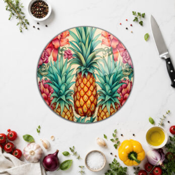 Tropikal Ananas Desenli Dekoratif Cam Kesme Tahtası - Glazella