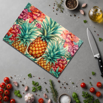 Tropikal Ananas Desenli Dekoratif Cam Kesme Tahtası - Glazella