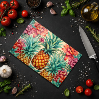 Tropikal Ananas Desenli Dekoratif Cam Kesme Tahtası - Glazella