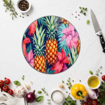 Tropikal Ananas Desenli Yuvarlak Cam Kesme Tahtası - Glazella