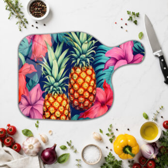 Tropikal Ananas Desenli Yuvarlak Cam Kesme Tahtası - Glazella