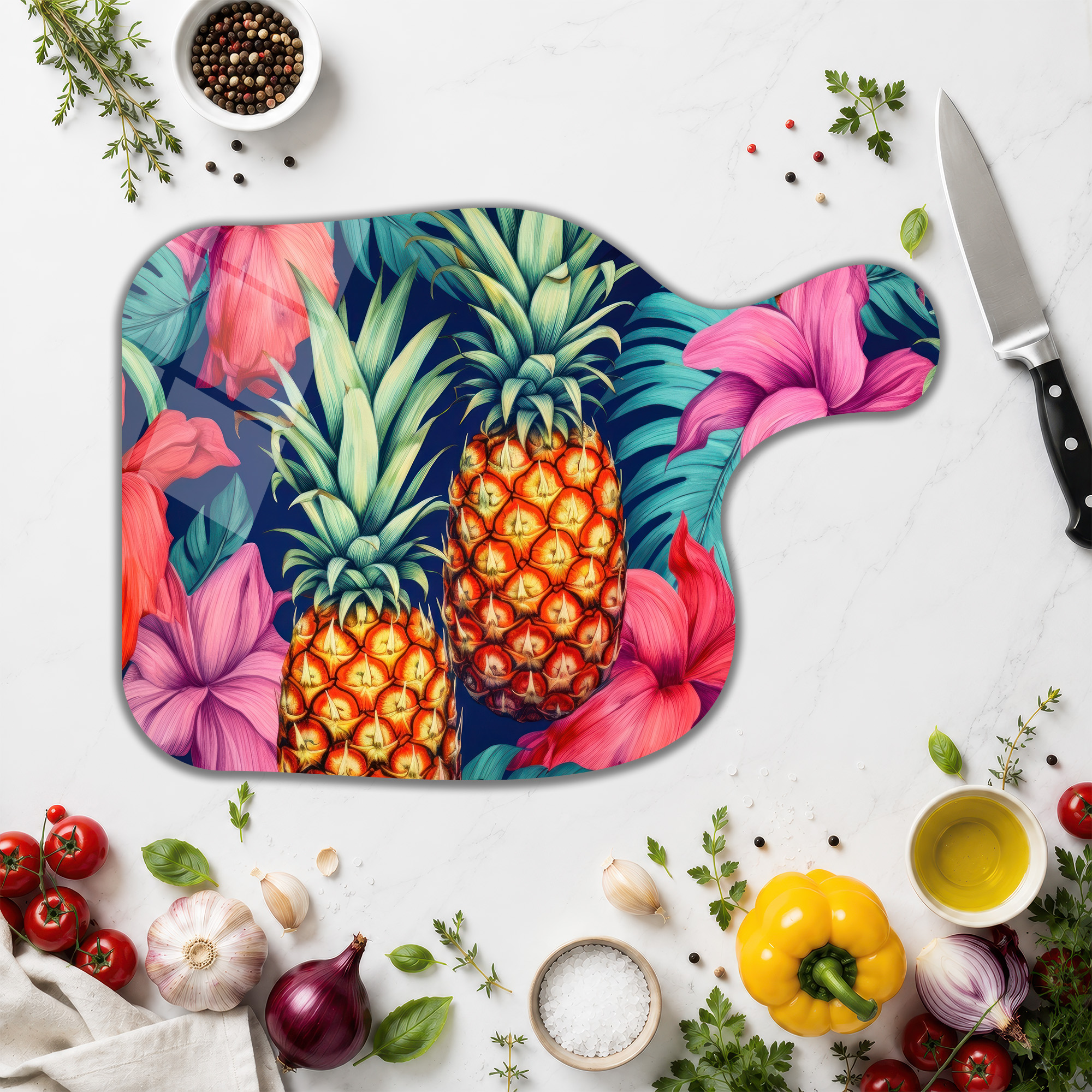 Tropikal Ananas Desenli Yuvarlak Cam Kesme Tahtası - Glazella Tropikal Ananas Desenli Yuvarlak Cam Kesme Tahtası - Glazella
