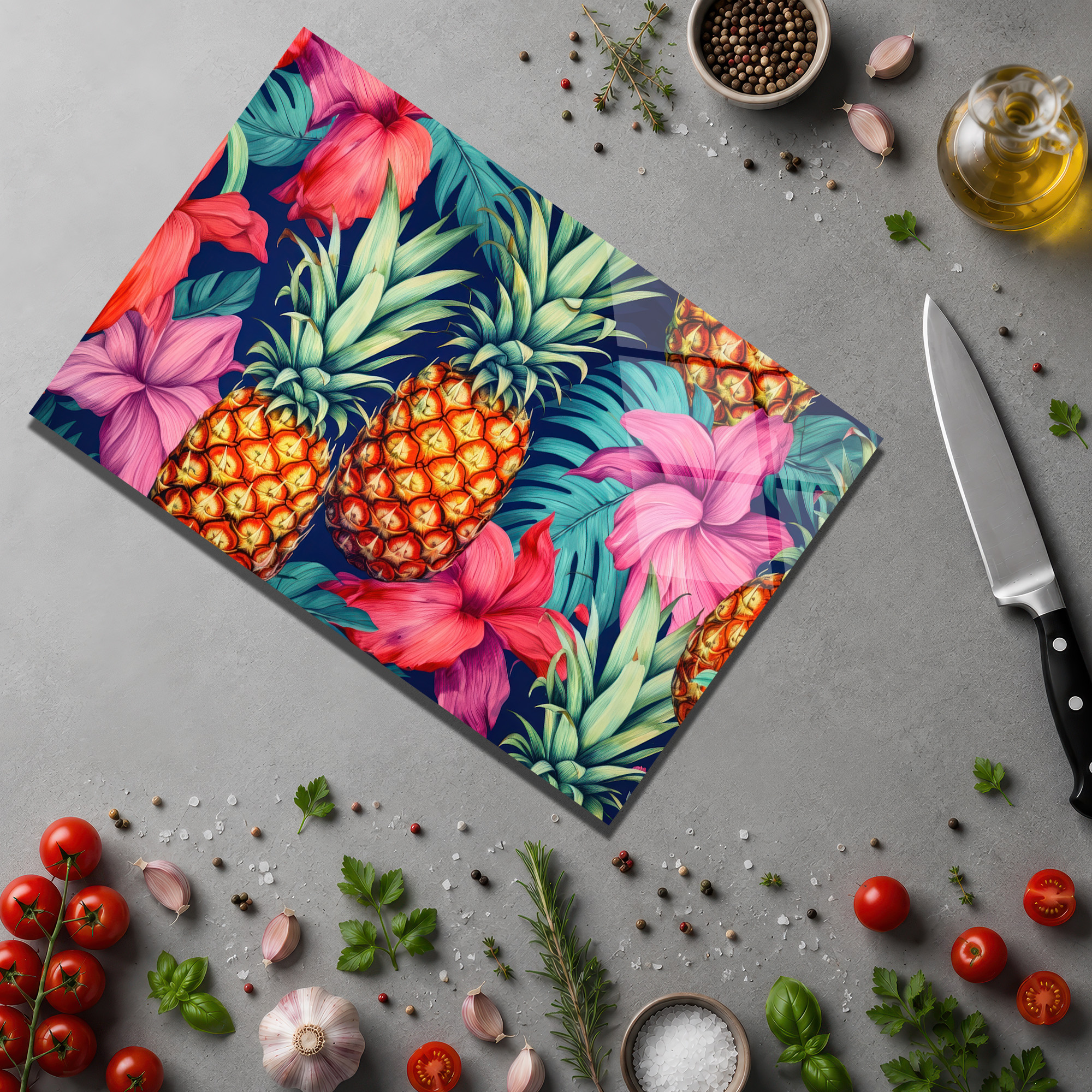 Tropikal Ananas Desenli Yuvarlak Cam Kesme Tahtası - Glazella Tropikal Ananas Desenli Yuvarlak Cam Kesme Tahtası - Glazella