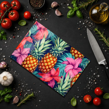Tropikal Ananas Desenli Yuvarlak Cam Kesme Tahtası - Glazella Tropikal Ananas Desenli Yuvarlak Cam Kesme Tahtası - Glazella