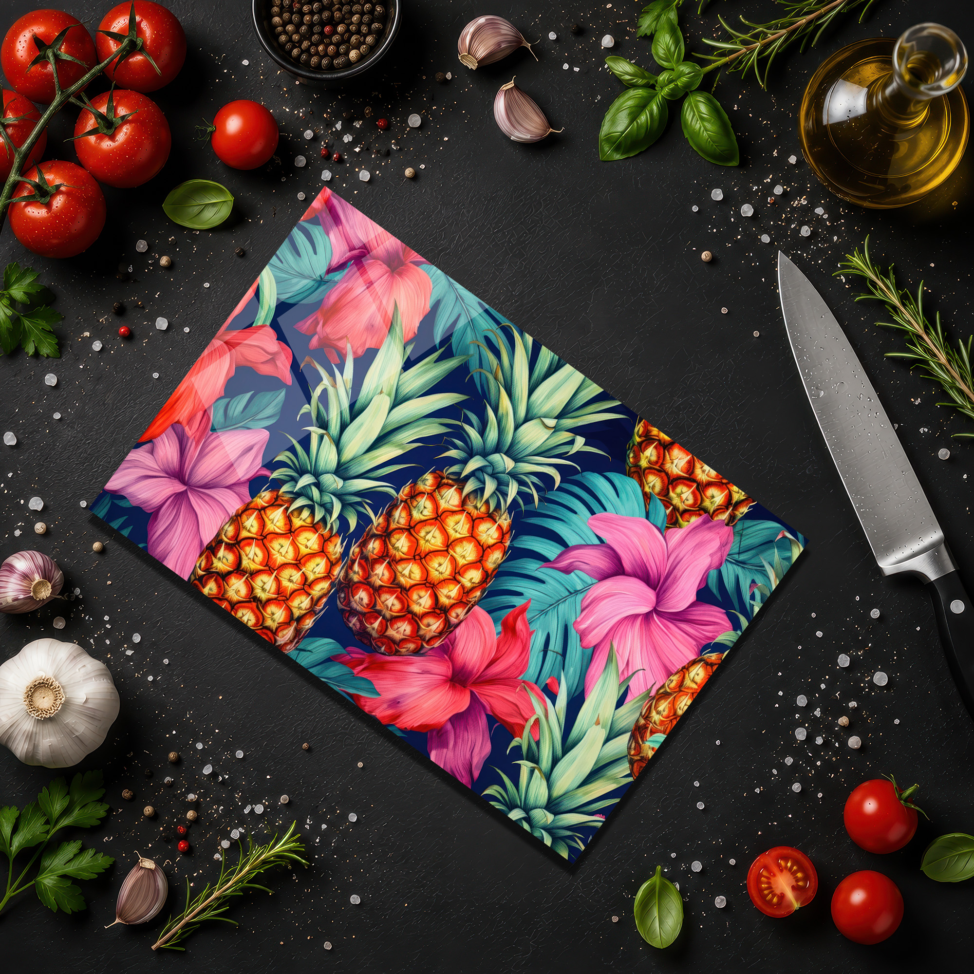 Tropikal Ananas Desenli Yuvarlak Cam Kesme Tahtası - Glazella Tropikal Ananas Desenli Yuvarlak Cam Kesme Tahtası - Glazella