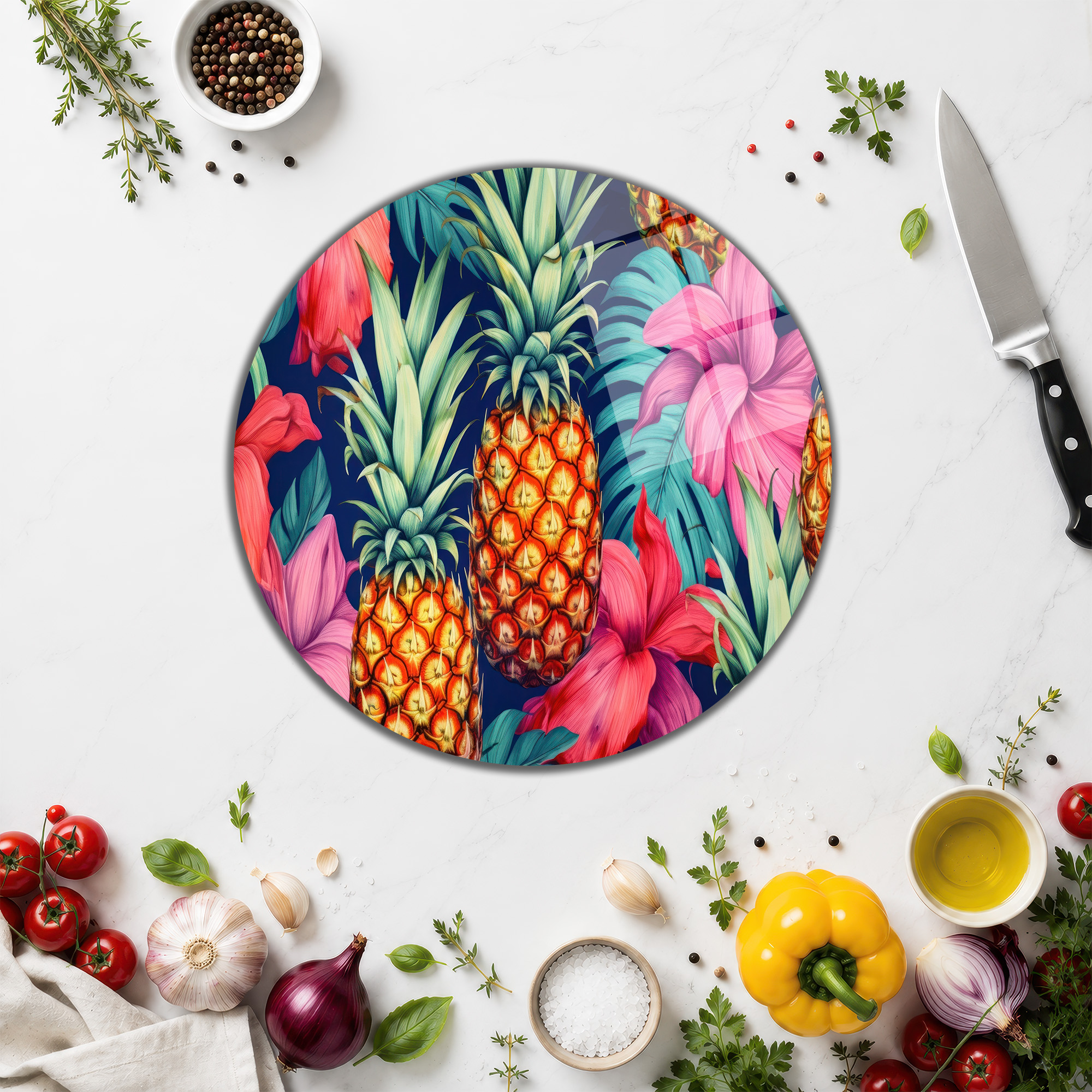 Tropikal Ananas Desenli Yuvarlak Cam Kesme Tahtası - Glazella Tropikal Ananas Desenli Yuvarlak Cam Kesme Tahtası - Glazella