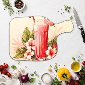 Tropik Hibiskus Kokteyli Temalı Yuvarlak Cam Kesme Tahtası - Glazella
