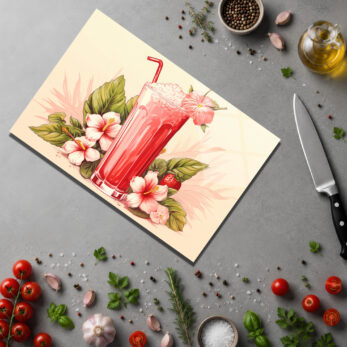 Tropik Hibiskus Kokteyli Temalı Yuvarlak Cam Kesme Tahtası - Glazella