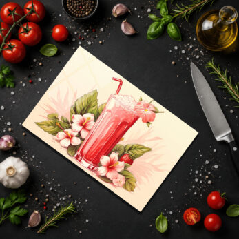 Tropik Hibiskus Kokteyli Temalı Yuvarlak Cam Kesme Tahtası - Glazella