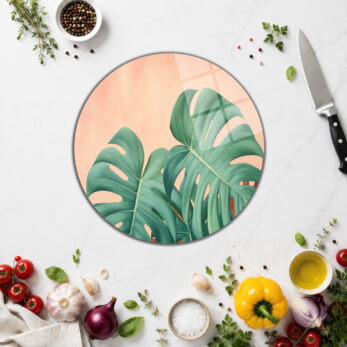 Tropik Esintili Monstera Desenli Cam Kesme Tahtası - Glazella